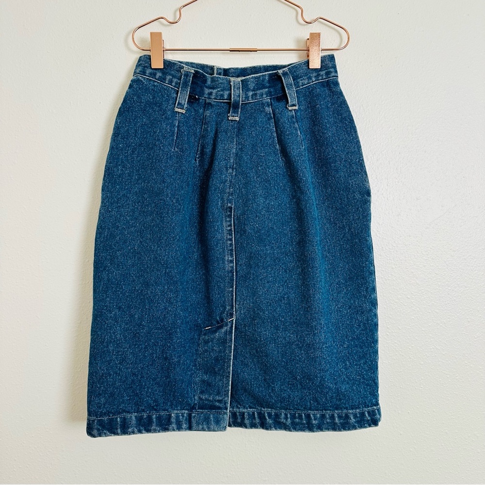 Vintage Classic Pencil Denim Skirt Front Pleated Knee Length - Picture 8 of 8